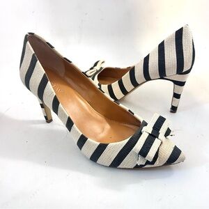 J. CREW Women’s Fabric Knit Striped Pumps High Heels Bow Toe Ivory Navy Size 7.5